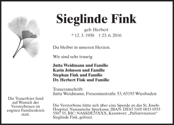 Traueranzeige von Sieglinde Fink von Trauerportal Rhein Main Presse