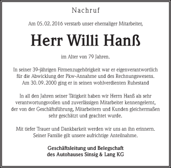 Traueranzeige von Willi Hanß von trauer.rmp.de