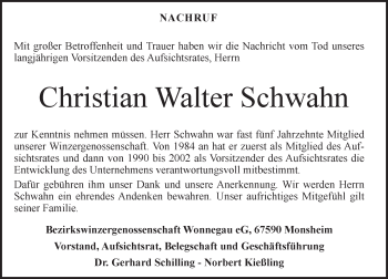 Traueranzeige von Christian Walter Schwahn von  Wormser Zeitung