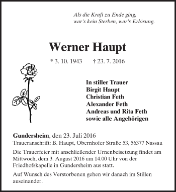 Traueranzeige von Werner Haupt von Trauerportal Rhein Main Presse