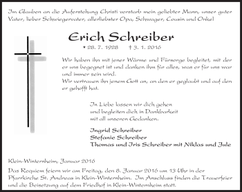 Traueranzeige von Erich Schreiber von  Allgemeine Zeitung Mainz