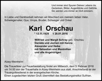 Traueranzeige von Karl Orschau von  Allgemeine Zeitung Alzey