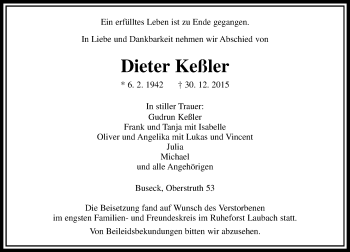 Traueranzeige von Dieter Keßler von  Gießener Anzeiger