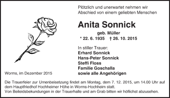 Traueranzeige von Anita Sonnick von  Wormser Zeitung