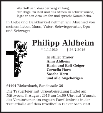 Traueranzeige von Philipp Ahlheim von Trauerportal Echo Online