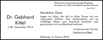 Traueranzeige von Gebhard Kittel von  Gießener Anzeiger