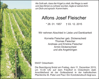 Traueranzeige von Alfons Josef Fleischer von  Allgemeine  Zeitung Ingelheim-Bingen