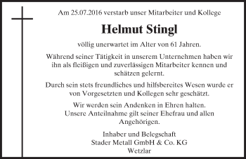 Traueranzeige von Helmut Stingl von  Gießener Anzeiger