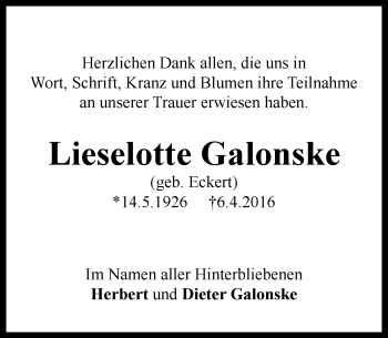 Traueranzeige von Lieselotte Galonske von  Wiesbaden komplett