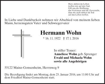 Traueranzeige von Hermann Wohn von  Allgemeine Zeitung Mainz