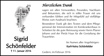 Traueranzeige von Sigrid Schönfelder von  Sonntags Anzeiger