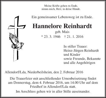 Traueranzeige von Hannelore Reinhardt von  Gießener Anzeiger