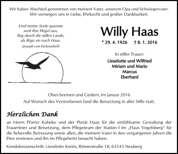 Traueranzeige von Willy Haas von  Sonntags Anzeiger