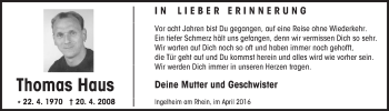 Traueranzeige von Thomas Haus von  Allgemeine  Zeitung Ingelheim-Bingen