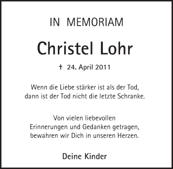 Traueranzeige von Christel Lohr von  Wormser Zeitung