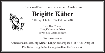 Traueranzeige von Brigitte Küber von  Usinger Anzeiger