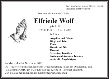 Traueranzeige von Elfriede Wolf von  Kreisanzeiger