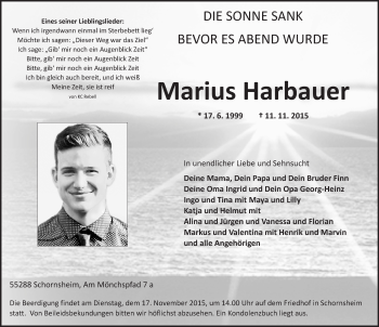 Traueranzeige von Marius Harbauer von  Allgemeine Zeitung Alzey