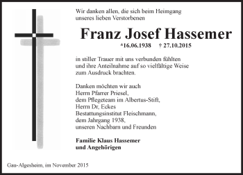 Traueranzeige von Franz Josef Hassemer von  Allgemeine  Zeitung Ingelheim-Bingen