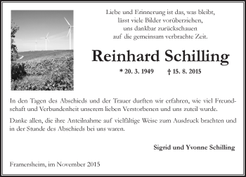 Traueranzeige von Reinhard Schilling von  Allgemeine Zeitung Alzey