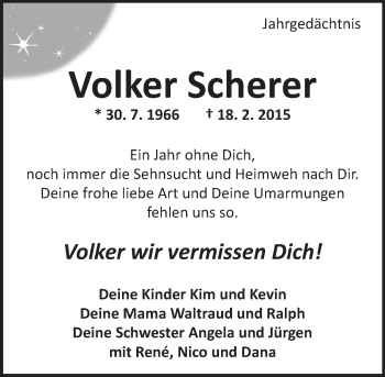 Traueranzeige von Volker Scherer von  Wormser Zeitung