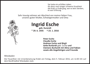 Traueranzeige von Ingrid Esche von  Wiesbaden komplett