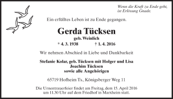 Traueranzeige von Gerda Tücksen von  Hofheimer Zeitung