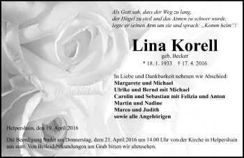 Traueranzeige von Lina Korell von VRM Trauer