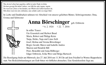 Traueranzeige von Anna Börschinger von Trauerportal Rhein Main Presse