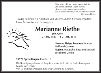Traueranzeige von Marianne Riethe von  Allgemeine  Zeitung Ingelheim-Bingen