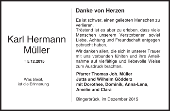 Traueranzeige von Karl Hermann Müller von  Allgemeine  Zeitung Ingelheim-Bingen