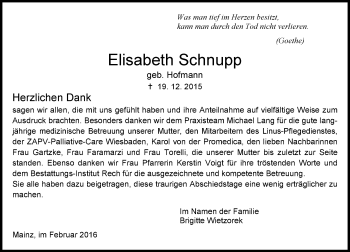 Traueranzeige von Elisabeth Schnupp von  Allgemeine Zeitung Mainz