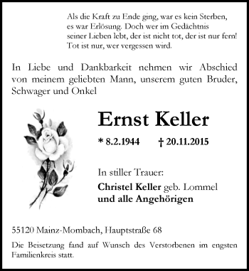 Traueranzeige von Ernst Keller von  Allgemeine Zeitung Mainz