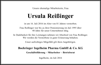 Traueranzeige von Ursula Reißinger von Trauerportal Rhein Main Presse