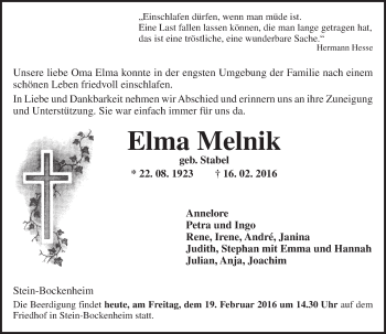 Traueranzeige von Elma Melnik von  Allgemeine Zeitung Alzey