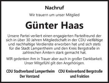 Traueranzeige von Günter Haas von  Bürstädter Zeitung