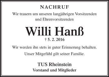 Traueranzeige von Willi Hanß von trauer.rmp.de