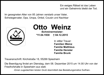 Traueranzeige von Otto Weinz von  Allgemeine Zeitung Alzey