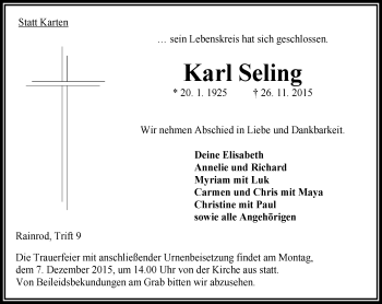 Traueranzeige von Karl Seling von VRM Trauer