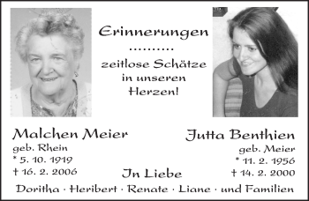 Traueranzeige von Malchen Meier und Jutta Benthien von  Wiesbaden komplett