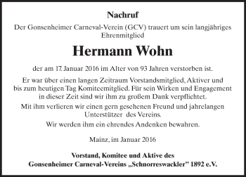 Traueranzeige von Hermann Wohn von trauer.rmp.de