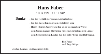 Traueranzeige von Hans Faber von  Gießener Anzeiger
