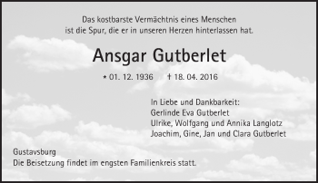 Traueranzeige von Ansgar Gutberlet von  Allgemeine Zeitung Mainz