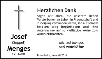 Traueranzeige von Josef Menges von  Allgemeine Zeitung Mainz