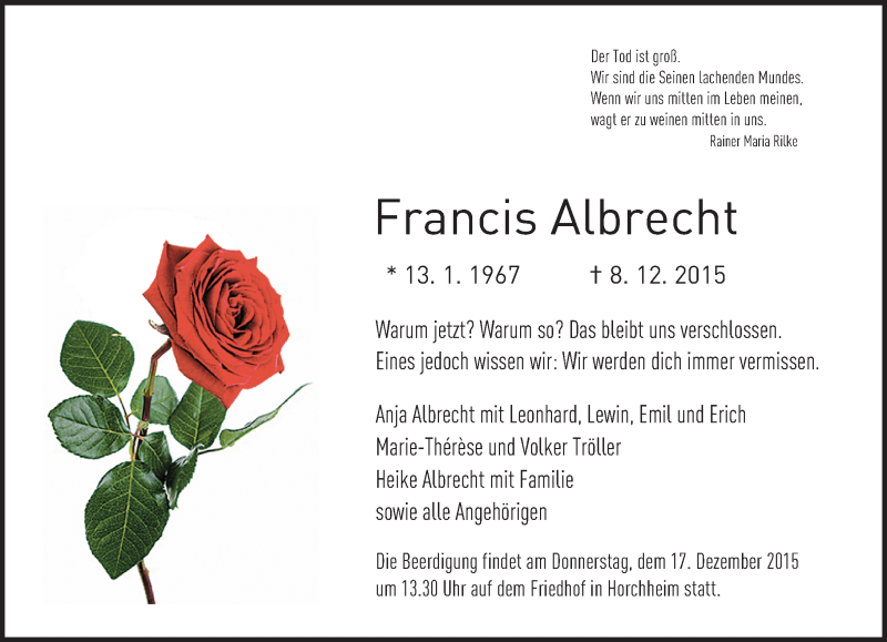  Traueranzeige für Francis Albrecht vom 15.12.2015 aus  Wormser Zeitung