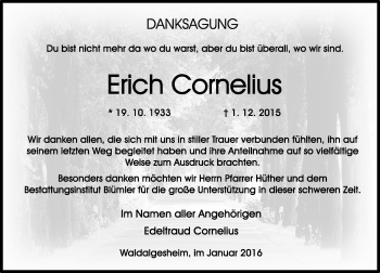 Traueranzeige von Erich Cornelius von  Allgemeine  Zeitung Ingelheim-Bingen