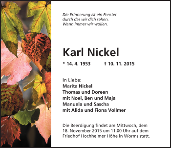 Traueranzeige von Karl Nickel von  Wormser Zeitung