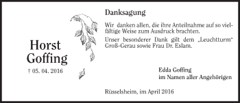 Traueranzeige von Horst Goffing von  Mainspitze