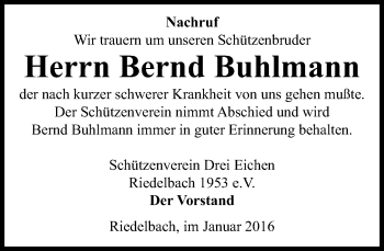 Traueranzeige von Bernd Buhlmann von  Usinger Anzeiger