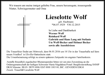 Traueranzeige von Lieselotte Wolf von  Allgemeine Zeitung Mainz